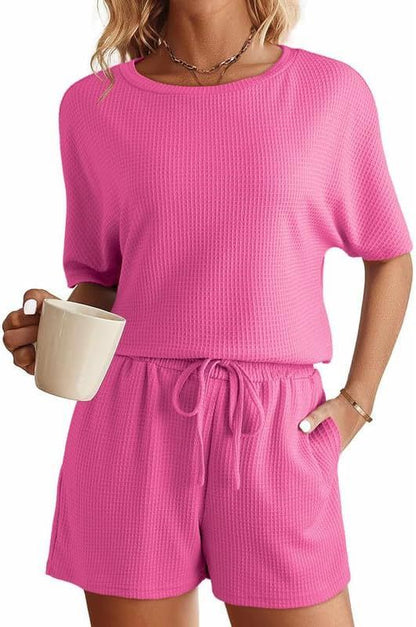 Women's Casual Waffle Knit Two-Piece Set - Short-Sleeve Top & Shorts Lounge Wear