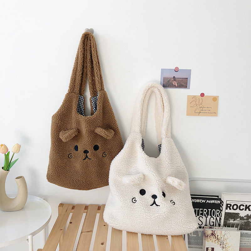 Luxe Lamb Wool Plush Embroidery Tote