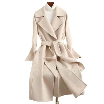 Elegant Mid-Length Slim Fit Woolen Coat with Lace-Up Design