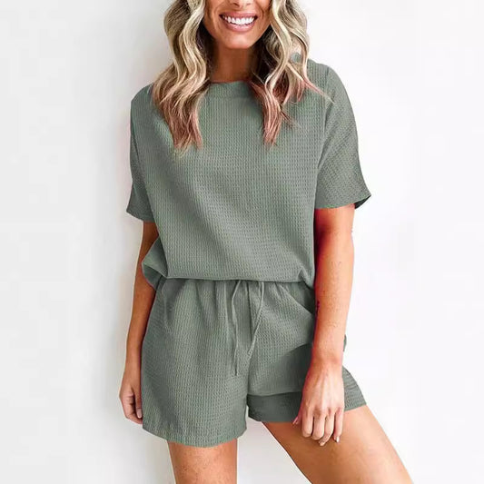 Women's Casual Waffle Knit Two-Piece Set - Short-Sleeve Top & Shorts Lounge Wear