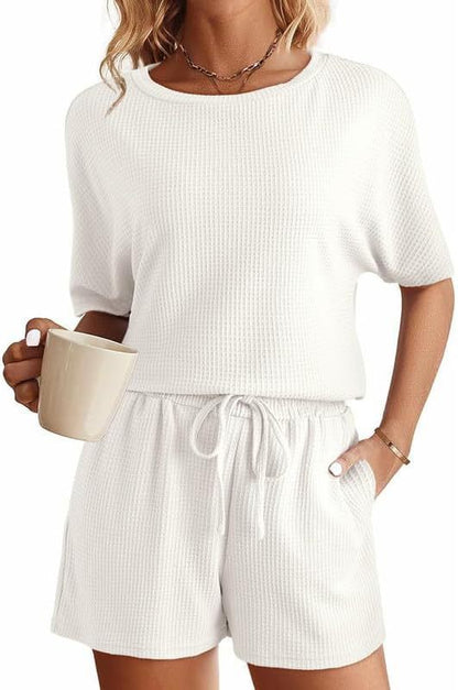 Women's Casual Waffle Knit Two-Piece Set - Short-Sleeve Top & Shorts Lounge Wear