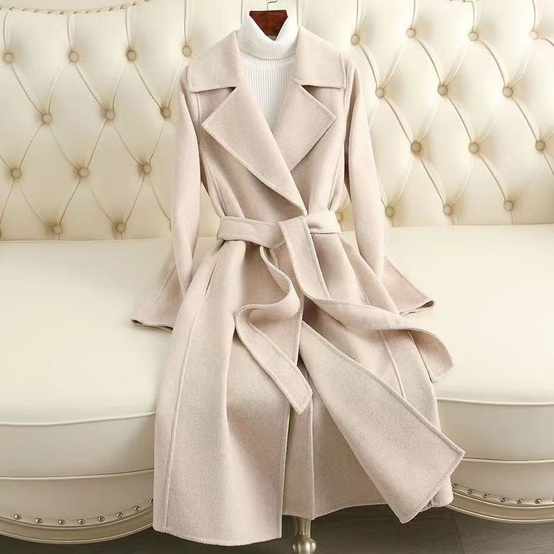 Elegant Mid-Length Slim Fit Woolen Coat with Lace-Up Design