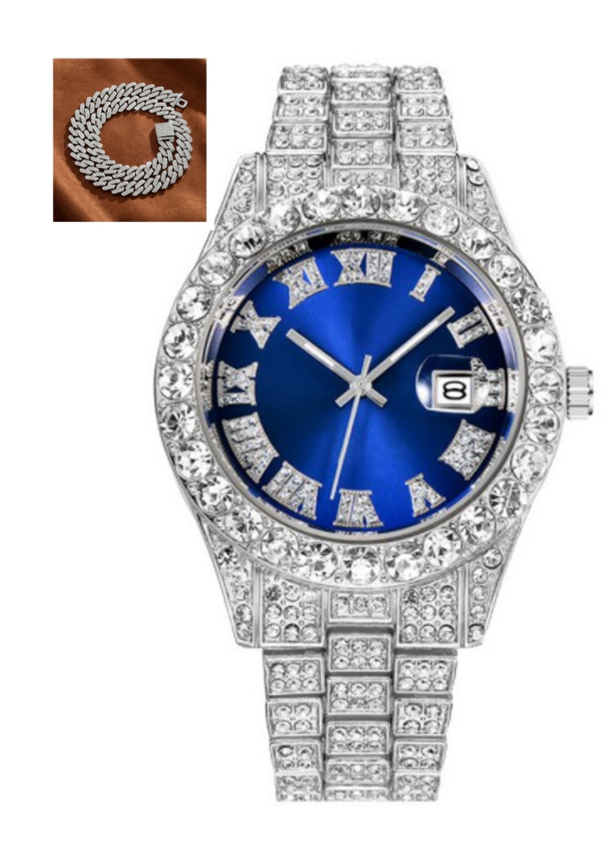 Hot Men's Steel Belt Hip Hop Roman Scale Diamond Quartz Watch