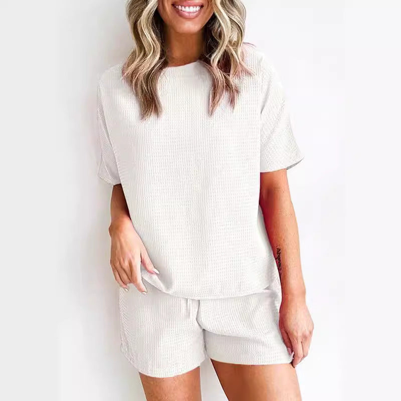 Women's Casual Waffle Knit Two-Piece Set - Short-Sleeve Top & Shorts Lounge Wear