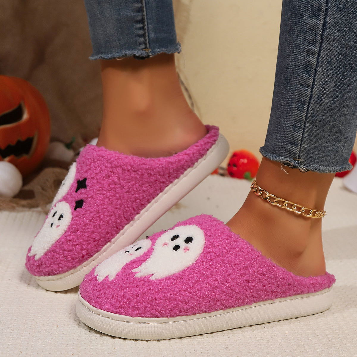 Women's Halloween Cartoon Ghost Non-Slip Slippers – Cozy Indoor House Shoes