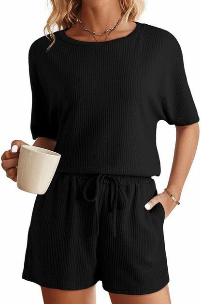 Women's Casual Waffle Knit Two-Piece Set - Short-Sleeve Top & Shorts Lounge Wear