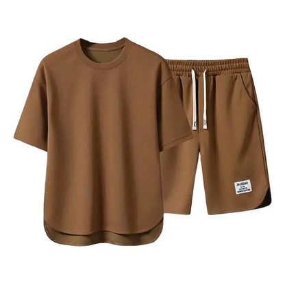 2Pcs/Set Men Summer Casual Outfit Short Sleeve T-shirt Elastic Drawstring Waist Wide Leg Shorts Set Activewear Set