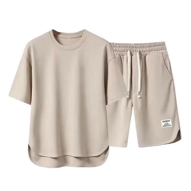 2Pcs/Set Men Summer Casual Outfit Short Sleeve T-shirt Elastic Drawstring Waist Wide Leg Shorts Set Activewear Set