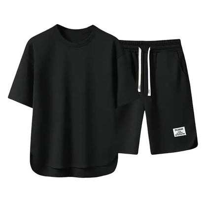 2Pcs/Set Men Summer Casual Outfit Short Sleeve T-shirt Elastic Drawstring Waist Wide Leg Shorts Set Activewear Set