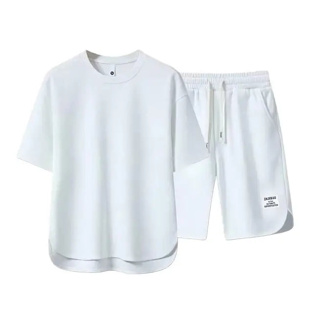 2Pcs/Set Men Summer Casual Outfit Short Sleeve T-shirt Elastic Drawstring Waist Wide Leg Shorts Set Activewear Set