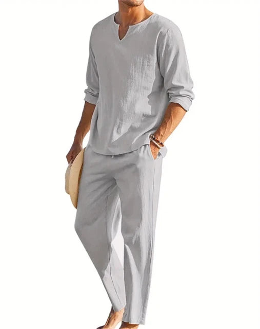 Casual Solid color men's two-piece spring/summer loose V-neck long sleeve top and pants suit men's casual streetwear