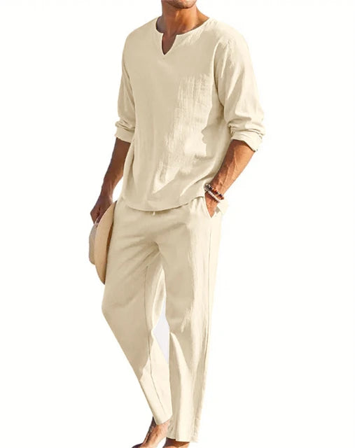 Casual Solid color men's two-piece spring/summer loose V-neck long sleeve top and pants suit men's casual streetwear