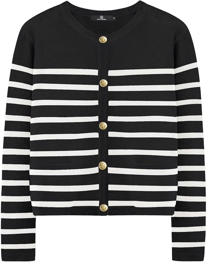 LILLUSORY Women's Striped Cardigan Sweater – Trendy Fall Long Sleeve Knit Top, Casual Jacket for Ladies