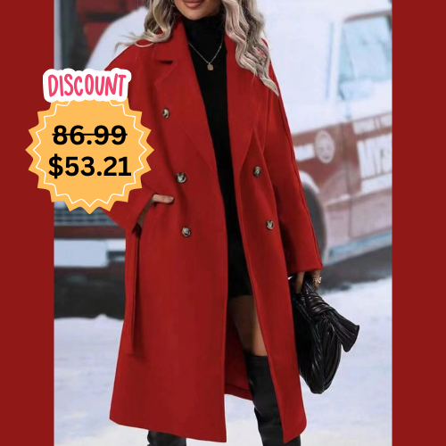 Women's Solid Color Double-Breasted Lapel Trench Coat with Belt – Winter Fashion Long Jacket