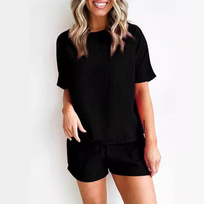 Women's Casual Waffle Knit Two-Piece Set - Short-Sleeve Top & Shorts Lounge Wear