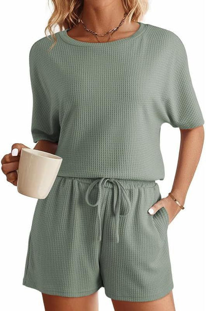 Women's Casual Waffle Knit Two-Piece Set - Short-Sleeve Top & Shorts Lounge Wear