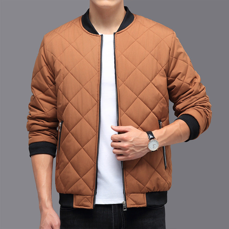 Men's Thickened Cotton Baseball Jacket - Stylish Rhombic Design for Winter