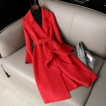 Elegant Mid-Length Slim Fit Woolen Coat with Lace-Up Design