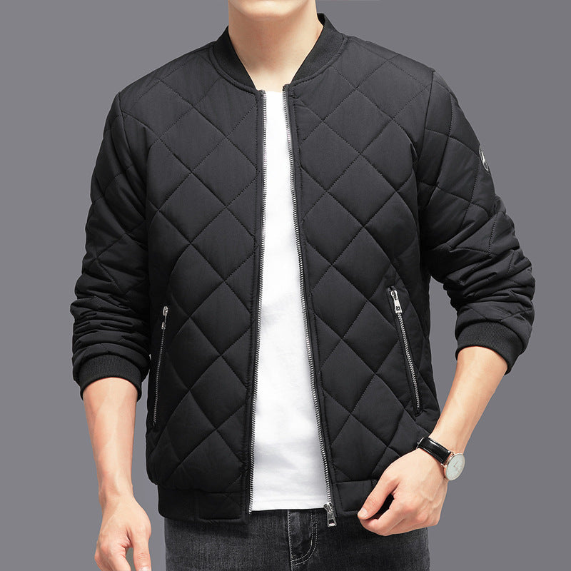 Men's Thickened Cotton Baseball Jacket - Stylish Rhombic Design for Winter