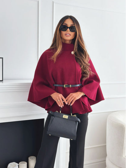 New Stand Collar Batwing Sleeves Cloak Top With Belt Ins Fashion Temperament Jacket Woolen Sweater Outwear For Women Clothing>free shipping